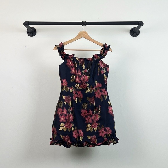 NWT Lulu’s Pop the Bottle Navy Blue Floral Jacquard Ruffled Mini Dress - Picture 4 of 7